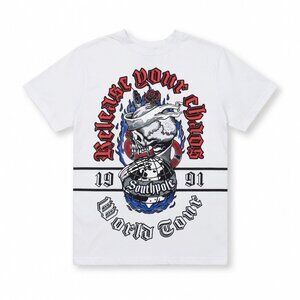 Southpole Graphic T‑Shirt Men’s Small Skull Rose Flame World Tour White Tee